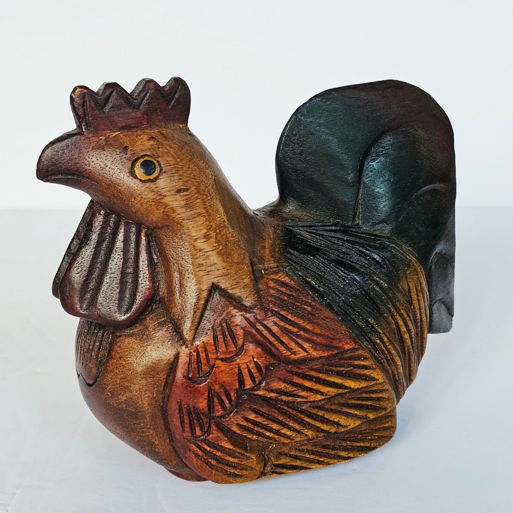 Vintage Hand Carved Wooden Rooster Figurine Rustic Farmhouse Country Folk Art
